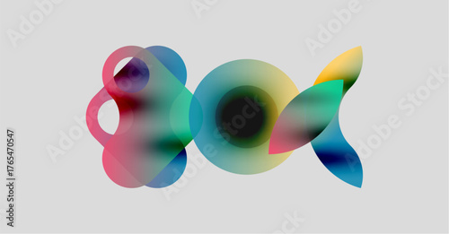 Abstract colorful shapes overlap, creating fluid forms. Gradient hues blend, suggesting movement, energy, dynamism. Minimalist design on light background.
