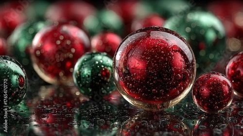 Wallpaper Mural Colorful Red and Green Glass Spheres on a Reflective Surface with Drops Torontodigital.ca