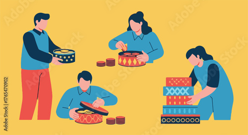 Joyful individuals diligently prepare and decorate a variety of colorful gift boxes for festive celebrations