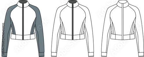 Women’s jacket sketch, fashion design drawing, apparel vector, garment illustration, raglan sleeve, high collar, zipper front, fitted waistband, clothing template, fashion outline