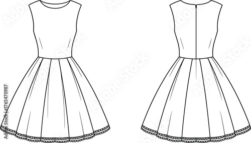 CAD drawing flat vector illustration, sleeveless dress with lace hem, fashion flat sketch, garment design template, technical apparel outline