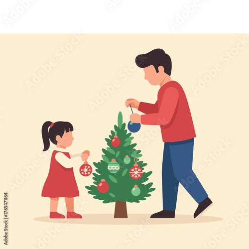 Father and daughter bonding over holiday decorations, joyfully adorning the festive Christmas tree together