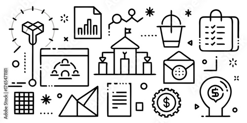 Business and Administration Line Icons Set — Minimalist Vector Collection with Time Management, Analytics, and Financial Innovation Symbols