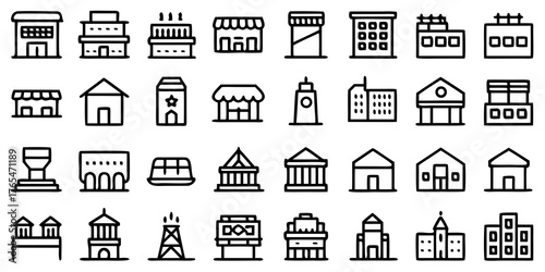 Building Line Icons Set — Minimalist Vector Collection of Shops, Houses, Offices, and Architectural Structures