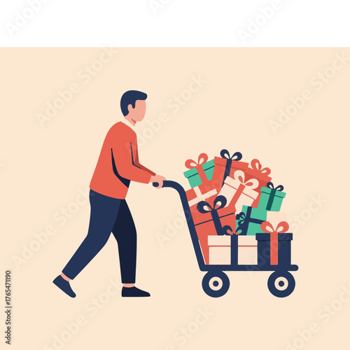 Shopper pushing an overflowing cart of colorful gifts, signifying successful holiday season retail and thoughtful present purchases