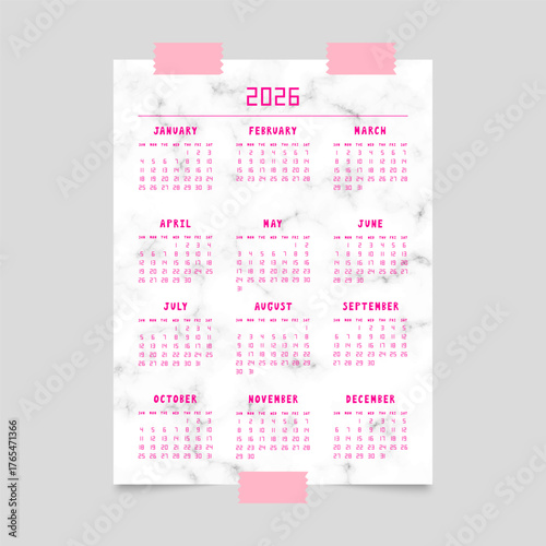 Calendar for 2026 year on poster mockup with marble pattern