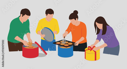 Friends or family gathering to bake and prepare homemade treats and gifts, celebrating togetherness and festive moments