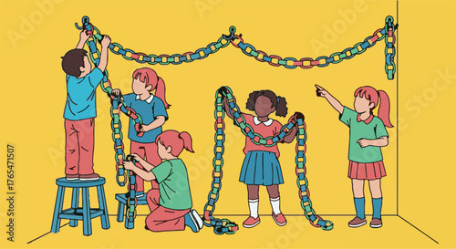 Diverse group of joyful children collaborating on a colorful paper chain craft project, decorating a vibrant wall for a festive celebration