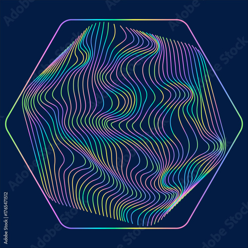 Particles and wavy lines in shape. Linear wave style.