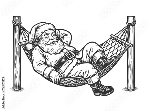 Santa Claus peacefully napping in a hammock, representing post-holiday rest and relaxation sketch engraving generative ai fictional character vector illustration. Scratch board. Black and white image.