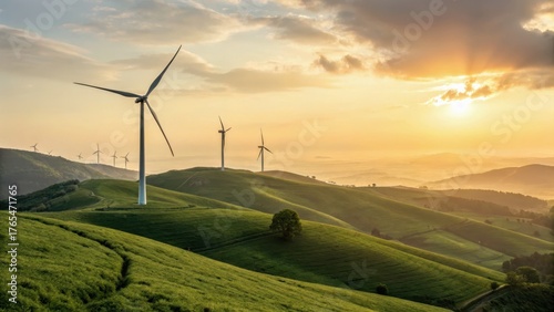 climate mitigation Scenic landscape featuring wind turbines under a sunset sky on rolling hills.