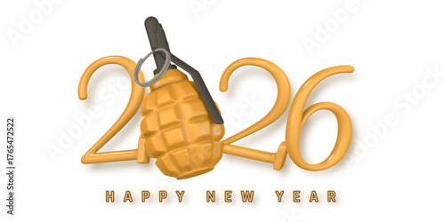 Creative 2026 New Year Design With Gold Grenade Symbolizing Explosive Change, Energy, And Transformation For The Future, Bold Concept Of Impactful New Beginnings, Vector Illustration