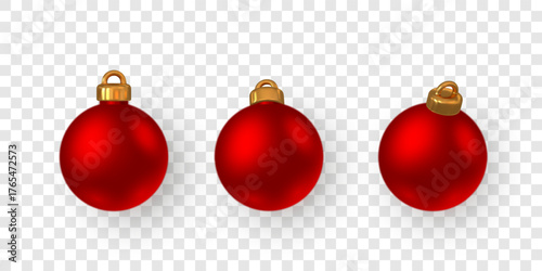 Red Christmas Balls With Golden Caps On Transparent Background. Realistic Festive Decoration For Holiday Design And New Year Celebration. Vector Illustration