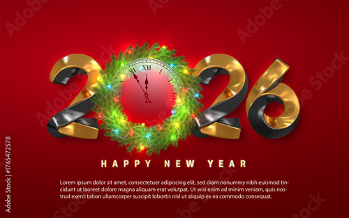 Happy New Year 2026 Celebration With Golden Numbers, Christmas Wreath Clock And Festive Lights On Red Background, Elegant Holiday Party Design, Vector Illustration