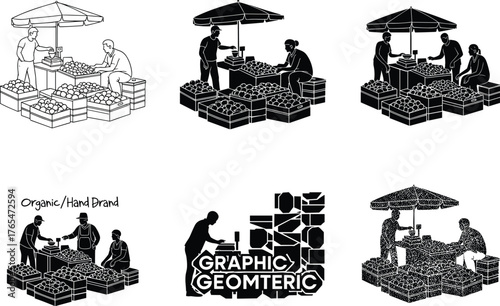 Black and White Vector Market Scenes with Fruit Sellers, Umbrellas, Crates, Organic Branding, Geometric Design, Urban Interaction, Minimalist Style