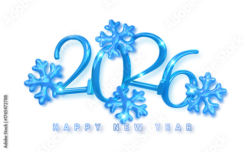 Happy New Year 2026 Blue Snowflake Numbers With Shiny Ice Effect. Festive Winter Holiday Design For Greeting Cards And Celebration Backgrounds. Vector Illustration