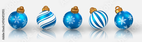 Blue Christmas Ornaments With White Snowflake And Stripe Designs, Elegant Holiday Decoration For Winter Celebration And New Year Greeting. Vector Illustration