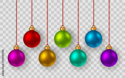 Colorful Christmas Baubles Hanging On Transparent Background. Shiny Glass Ornaments For Holiday Decoration, Celebration, And New Year Design. Vector Illustration