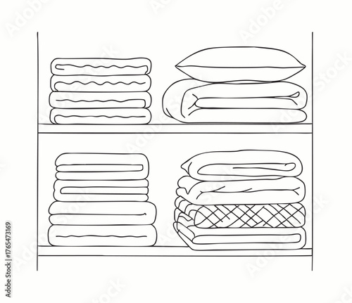 line sketch towels and bedding different textures are stacked on shelves in closets