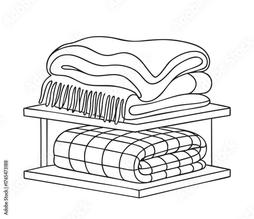 line sketch blanket and plaid, white and black different textures on the shelves on white background