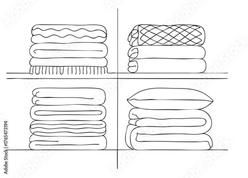 line sketch towels and bedding different textures are stacked on shelves in closets