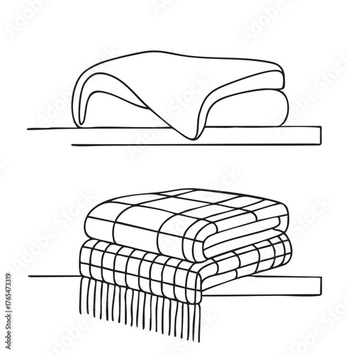 line sketch blanket and plaid, white and black different textures on the shelves on white background