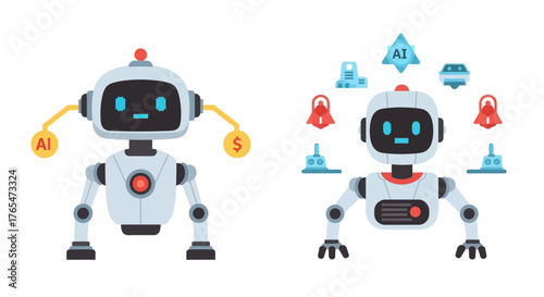 Modern AI Robots Innovative Artificial Intelligence and Technological Advancements, Vector Illustrations