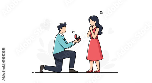 A romantic marriage proposal concept, a young man on one knee with a ring asking his surprised girlfriend to marry him