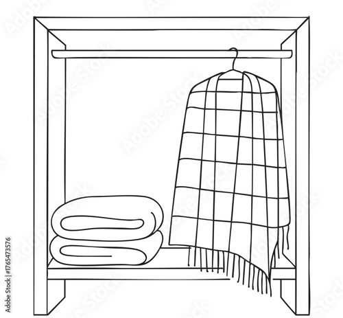 line sketch blanket and plaid, white and black different textures on the shelves on white background