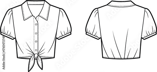 Women’s short sleeve tie front cropped blouse flat sketch, button down shirt fashion CAD template, vector technical drawing design