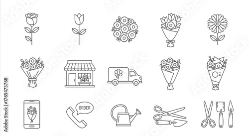Vector illustration of collection of flower shop icons