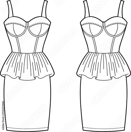 Women’s corset peplum bodycon midi dress flat sketch, bustier fitted fashion CAD template, vector technical apparel drawing design