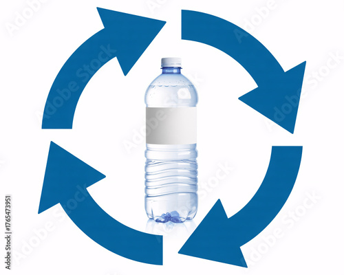 Dynamic blue arrows illustrate the circular economy of a clear plastic water bottle with a blank label, symbolizing sustainability and renewal