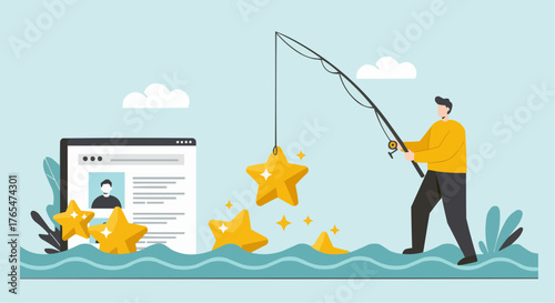 Man fishing for stars from a website in a playful digital scene  