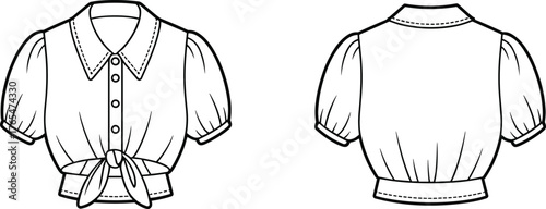 Women’s puff sleeve tie front cropped shirt flat sketch, button-down blouse CAD template, fashion vector technical drawing design