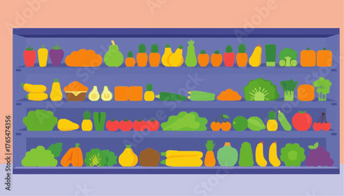 Colorful assortment of vegetables and fruits on a shelf display  