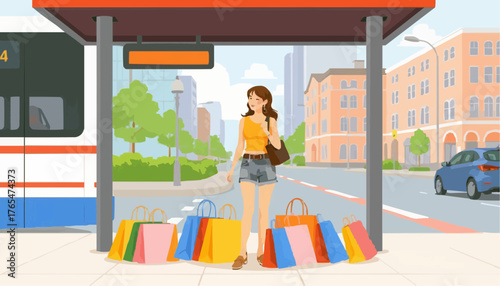 Young woman carrying shopping bags at bus stop in city street  