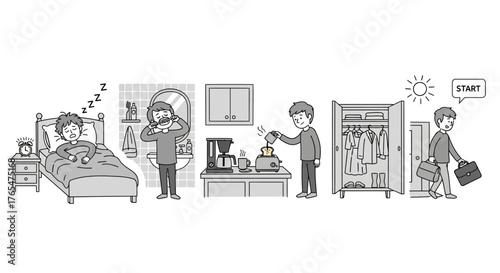 Monochrome sequential illustration detailing a man's full morning routine from waking, personal care, breakfast, dressing, to leaving for work