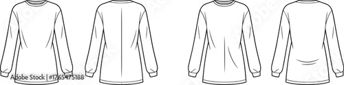 Women’s long sleeve T-shirt flat sketch, crew neck basic top CAD, rib cuff fashion vector technical drawing template
