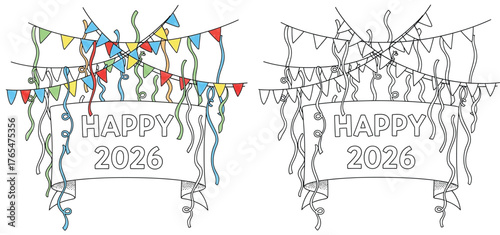Happy New Year 2026 Celebration Banner with Colorful Decorations and Confetti - Vector Outline Illustration