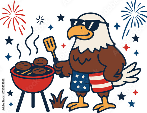 Cartoon Bald Eagle Wearing American Flag Shorts Grilling Burgers with Fireworks in patriotic Style
