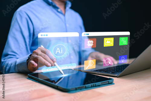 Wallpaper Mural Man Generating Ideas with AI Technology on Digital Tablet Torontodigital.ca