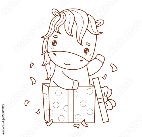 Outline Cute Little Horse in Gift Box. Funny Holiday Pony kawaii animal. Line drawing, coloring book. Vector illustration. Symbol 2026 year to Eastern calendar. Kids collection. Not AI