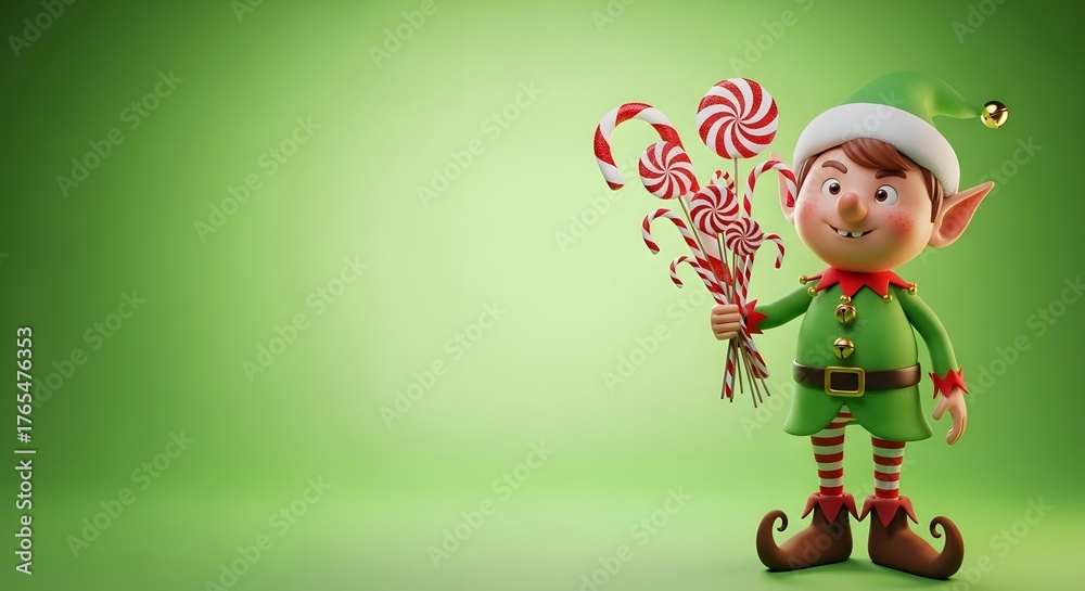 Fototapeta premium A cheerful elf stands tall, holding a delightful assortment of candy canes against a green backdrop.