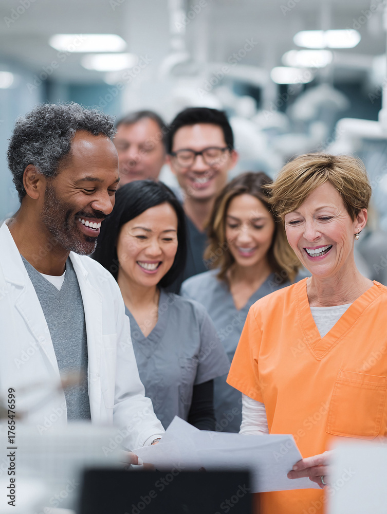 Fototapeta premium Diverse medical team reviewing documents, radiating positivity and collaboration. Represents healthcare excellence, teamwork, and professional development in a clinical setting.