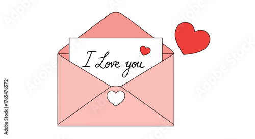 Charming Line Art Illustration of a Romantic Pink Love Letter with a Heartfelt 'I Love You' Message