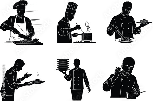 Chef silhouette vector with cooking, plating, food tasting, multitasking, kitchen tools, steam pot, aroma check, black and white illustration