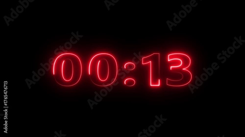 Neon 18 seconds countdown number animation. Countdown timer  animation from 18 to 0 seconds on black background.