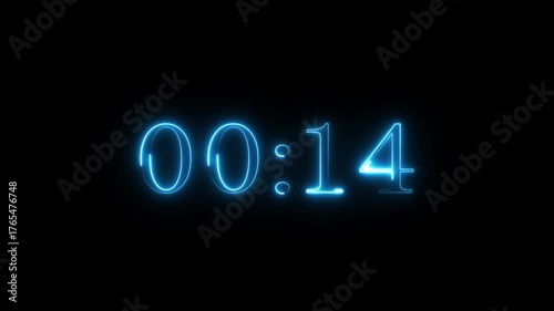 Neon 19 seconds countdown number animation. Countdown timer  animation from 19 to 0 seconds on black background.