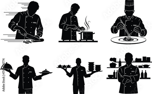 Chef silhouette vector with cooking, plating, multitasking, serving tray, steam pot, kitchen shelf, culinary art, black and white illustration